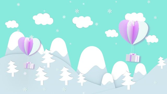 Motion, a Gift box and heart Floating in the sky above the iceberg with snow. Seconds 0-2, animation starts. Seconds 2-8 can cut the loop and seconds 8-10 to finish the animation.