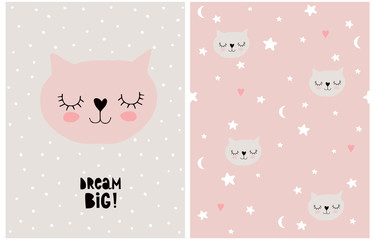 Pink Dreaming Cat on a Light Gray Dotted Background. Simple Nursery Art for Girls. Cute Baby Girl Cat Vector Card and Seamless Patterns. Dream Big. Print with Hearts,Cats and Stars Isolated on a Pink.