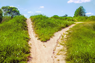 The path bifurcates and climbs the hill in two ways - one steep, the other sloping