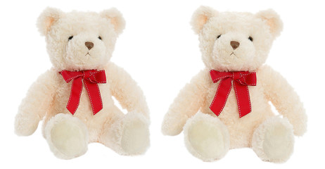 white plush fluffy Teddy bear on Valentine's day holiday sits with red satin ribbon on neck isolated on white background