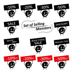 Obraz premium Set of funny cute silhouette creatures with discount signs for the store. Isolated Critters hand-drawn. All monsters are grouped.
