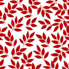 Red branch with leaves on white background. Seamless floral pattern. Suitable for packaging, wallpaper, textile.