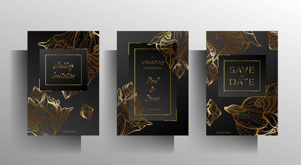 Set of wedding invitation templates. Design with hand-drawn gold floral elements on a black background. Vector 10 EPS.