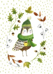 Cute hand drawn watercolor owl with floral wreath on a white background. Perfect template for postcards