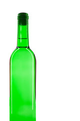 Green bottle with a white sparkling wine, isolated on white background. There is a place for text.