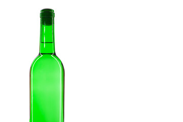 Green bottle with a white sparkling wine, isolated on white background. There is a place for text.