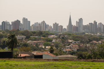 Panorama of the city of Maringa and its cathedral, Paraná, Brazil.