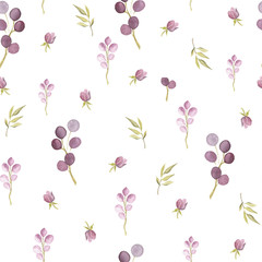 Watercolor tender seamless background of flowers, leaves and buds. Hand drawn texture. Floral backdrop of branches.