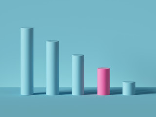3d render, abstract minimal geometric background. Blue and pink cylinders. Isolated objects, primitive shapes. Decreasing chart. Business economy, low cost concept, one of a kind, advantage metaphor