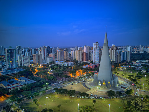 Aerial View of Maringa, Cathedral and downtown. Several buildings. Paran&aacute;, Brazil.