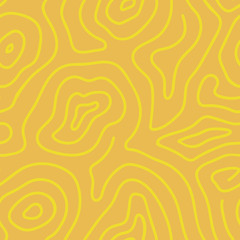 Seamless vector pattern with bright yellow contour lines on a gold background. Modern design with trippy abstract line art. Great for packaging, stationery, fabric, wrapping paper, home goods.