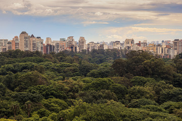 Fototapeta premium Skyline da cidade de São Paulo, com destaque para zona sul, prédios e céu parcialmente nublado.