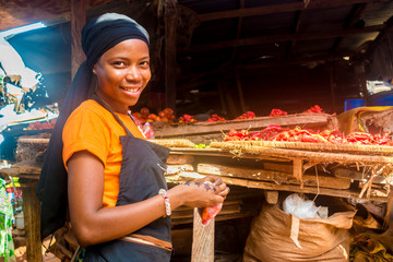 Fototapeta na wymiar young african woman selling tomatoes in a local african market smiling