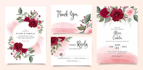 Beautiful wedding invitation card template set with burgundy and peach rose flowers and watercolor background. Cards with floral, gold line, and glitter for save the date, invitation, greeting card