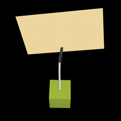 Message holder. Card holder with clip and note on cube base. 3d renderon black background.