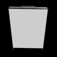 Sandwich board with metal parts. Blank menu outdoor display with clipping path. Trade show booth white and blank. 3d render on black background. High Resolution Template for your design.