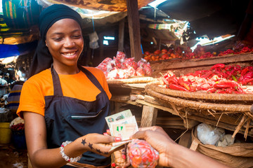 young african woman selling tomatoes in a local african market collecting money from a paying...