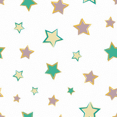 Gold, silver, teal and dusky pink line art stars with offset color Seamless vector pattern white snowflake texture background. Great for Christmas, winter products, stationery, invitations, party