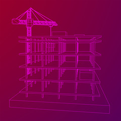 Building under construction with crane. Build house construct in process. Wireframe low poly mesh vector illustration