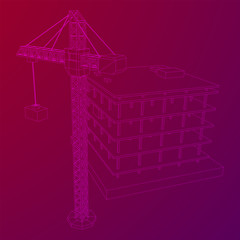 Building under construction with crane. Build house construct in process. Wireframe low poly mesh vector illustration