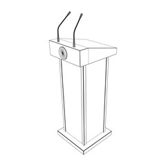 Speaker Podium. White Tribune Rostrum Stand with Microphones. Debate, press conference concept. Wireframe low poly mesh vector illustration