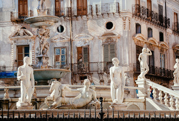 Beautiful sculptures of 16th century Praetorian Fountain in center of historical sicilian city...