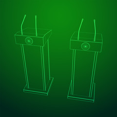 Speaker Podium. White Tribune Rostrum Stand with Microphones. Debate, press conference concept. Wireframe low poly mesh vector illustration