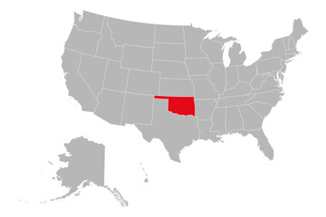 Oklahoma highlighted red color on USA map. Gray background. USA political map.