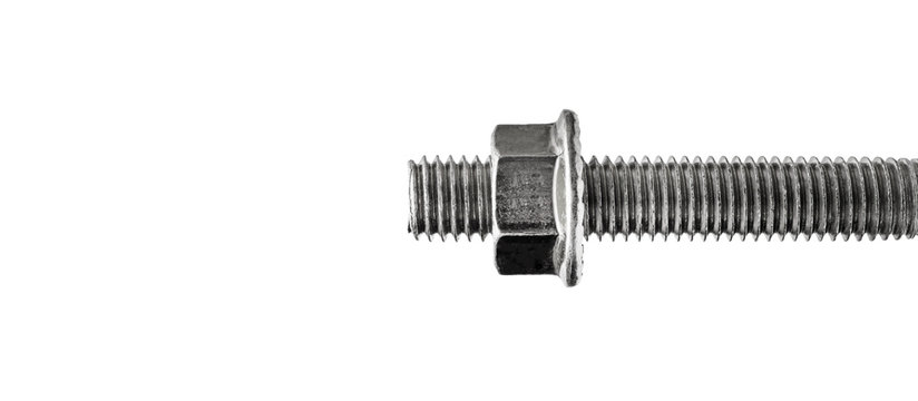 Nut On Bolt Thread. Isolated On White.