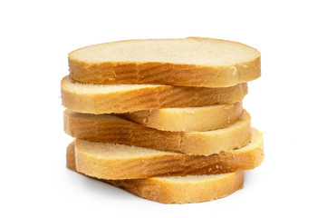 Stack of sliced bread on white background.