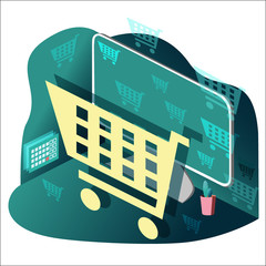 Shopping cart. Desktop computer on the table, calendar. Shopping on the Internet, in the online store. Hurry up to buy before the end of the month.
