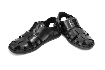 Black classic summer sandals for men on a white background with a light shadow