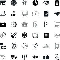 business vector icon set such as: invoice, collection, modem, percent, tick, contact, income, laptop, link, achievement, assurance, machine, model, cell, invest, security, buy, machinery, bang, up