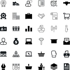 business vector icon set such as: partner, case, hardware, successful, statistic, gloves, touch, access, seal, literature, screen, metal, file, desk, save, papers, hierarchy, contraction, sitting