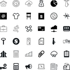 business vector icon set such as: shirt, ticking, metal, pollution, packaging, forward, window, bang, circle, pen, investing, man, print, touch, higher, spark, enjoy, archive, security, portfolio