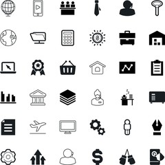 business vector icon set such as: men, government, purchase, badge, text, workplace, monitor, listen, interactive, lecture, music, notebook, moving, income, ink, infographic, cellular, development