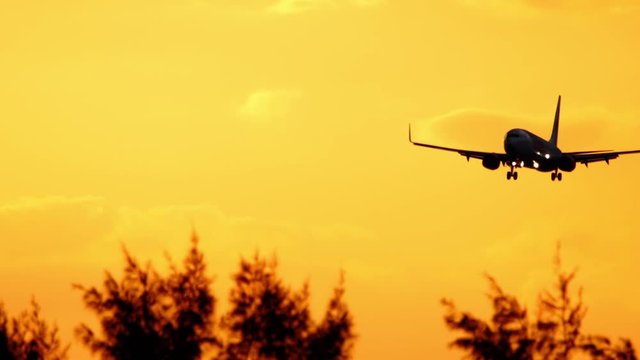 Airplane approaching over ocean at sunset backgfround