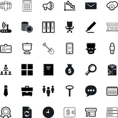 business vector icon set such as: furniture, alarm, handle, happy, plan, earning, exchange, menswear, sleeve, balloon, broadband, device, trend, binders, server, seat, banner, id, construction