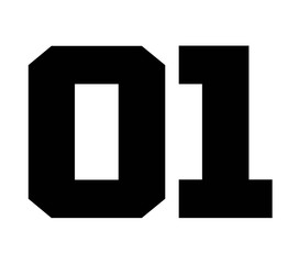 01,Classic Vintage Sport Jersey Number, Uniform numbers in black as fat fonts, number. For American football, baseball or basketball and ice Hockey.