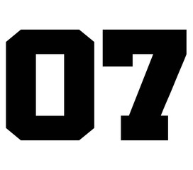 07,Classic Vintage Sport Jersey Number, Uniform numbers in black as fat fonts, number. For American football, baseball or basketball and ice Hockey.