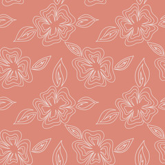 Fantasy floral hand drawn seamless pattern. Line flowers and leaves on warm pink background. Good for fabric, textile, wrapping paper, wallpaper, kitchen design, packaging, paper, print, etc.