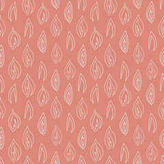 Fantasy floral hand drawn seamless pattern. Line leaves on warm pink background. Good for fabric, textile, wrapping paper, wallpaper, kitchen design, packaging, paper, print, etc.