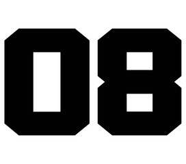 08,Classic Vintage Sport Jersey Number, Uniform numbers in black as fat fonts, number. For American football, baseball or basketball and ice Hockey.