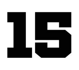 15,Classic Vintage Sport Jersey Number, Uniform numbers in black as fat fonts, number. For American football, baseball or basketball and ice Hockey.