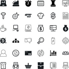 business vector icon set such as: choice, media, shirt, ticking, mocha, collection, linear, analysis, ray, thumb, espresso, rich, show, infographic, database, formal, sales, down, declining, fly