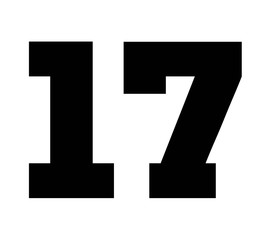 17,Classic Vintage Sport Jersey Number, Uniform numbers in black as fat fonts, number. For American football, baseball or basketball and ice Hockey.