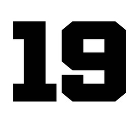 19,Classic Vintage Sport Jersey Number, Uniform numbers in black as fat fonts, number. For American football, baseball or basketball and ice Hockey.
