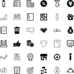business vector icon set such as: application, casino, present, running, siren, shirt, fabric, shop, strategy, book, number, ok, commercial, declining, no, volume, discount, media, activity, health