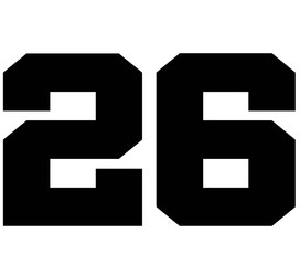 ,26Classic Vintage Sport Jersey Number, Uniform numbers in black as fat fonts, number. For American football, baseball or basketball and ice Hockey.