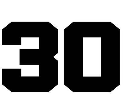 Ilustrace „30,Classic Vintage Sport Jersey Number, Uniform numbers in black  as fat fonts, number. For American football, baseball or basketball and ice  Hockey.“ ze služby Stock